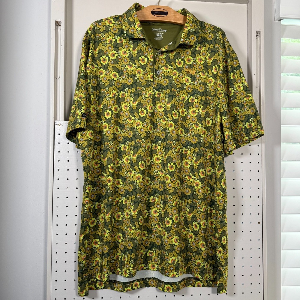 Good Good Golf Polo Shirt Men's Green Floral Stretch Hippie Classic - Large